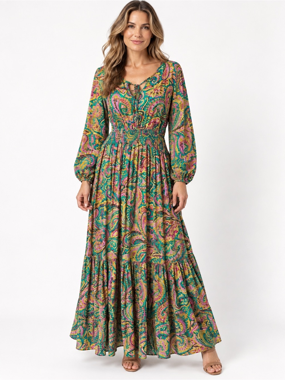 Boho Teal Paisley Maxi Dress Smocked Waist Long Sleeve Size